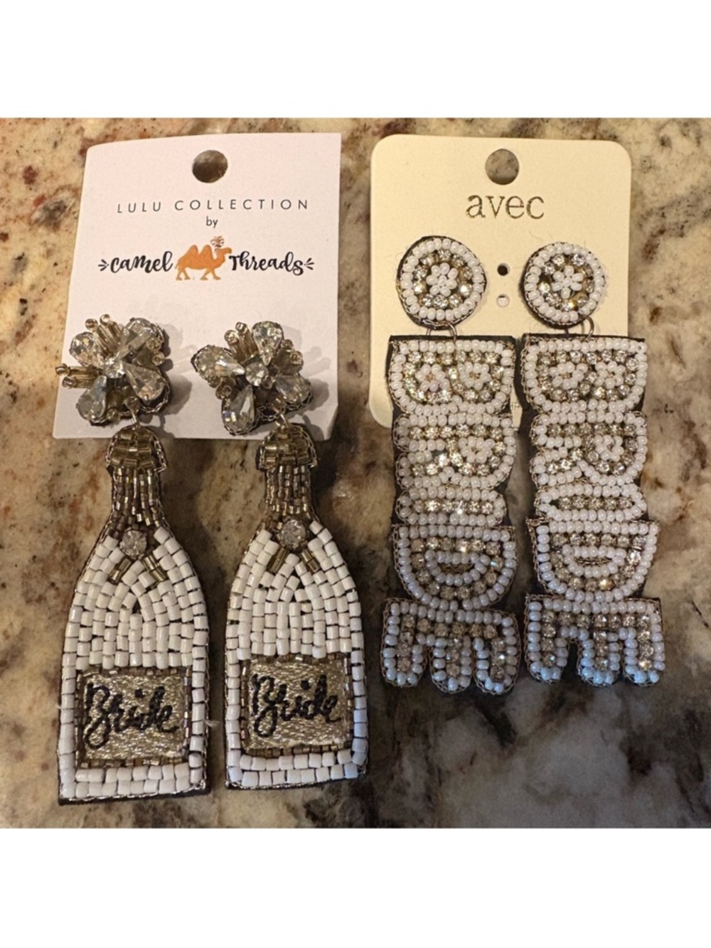 Beaded 'Bride' Champagne Bottle Earrings + Beaded 'Bride' Statement Drops